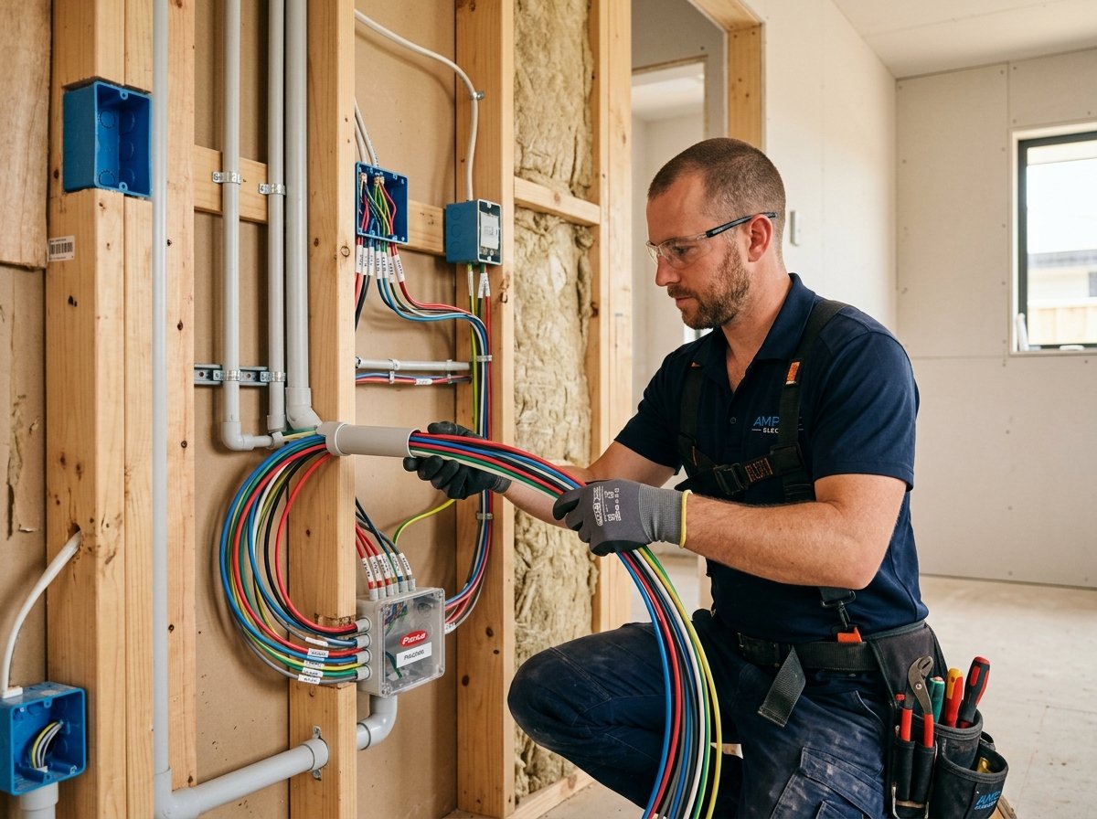 Professional electrical installation showing flexible NARAYAN CABLES PVC wiring